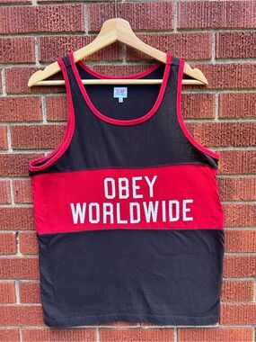 Obey Worldwide Colorblock Tank Top Black Red Logo Men’s Small Streetwear Tee
